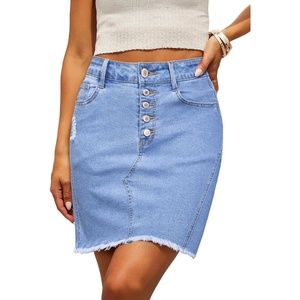 image:imageSidefeel Womens Jean Skirt Stretchy Ripped Frayed Button Fly Summer Denim SkirtIceland Blue