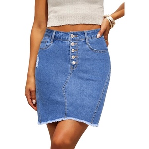 image:imageSidefeel Womens Jean Skirt Stretchy Ripped Frayed Button Fly Summer Denim SkirtLight Blue