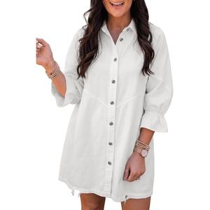 image:imageSidefeel Womens Smocked 3 4 Sleeve Button Down Denim Jeans DressesWhite