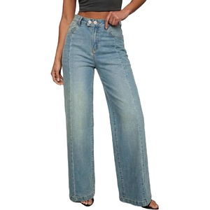 image:imageSidefeel Womens Wide Leg Jeans High Waisted Stretchy Baggy Front Seam Denim PantsLight Retro Blue
