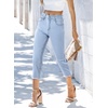 image:imageSidefeel Womens Capri Jeans High Waisted Summer Fashion Straight Leg Raw Hem Denim Capri PantsE Sky Blue