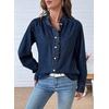 image:imageSidefeel Womens Denim Shirt Button Down Long Sleeve Ruffled Edge Jean Blouses TopsBluing