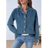 image:imageSidefeel Womens Denim Shirt Button Down Long Sleeve Ruffled Edge Jean Blouses TopsRetro Blue