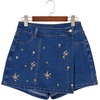 image:imageSidefeel Womens High Waisted Jean Shorts Stretchy Floral Mini Embroidered Wrap Denim Skort with PocketsDark Blue