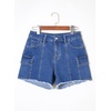 image:imageSidefeel Womens Jean Cargo Shorts High Waisted Stretchy Trendy Raw Hem Denim Shorts with PocketsBlue