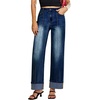 image:imageSidefeel Womens Wide Leg Cuffed Jeans High Waisted Baggy Stretchy Denim Pants with PocketsDark Blue