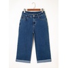 image:imageSidefeel Womens Wide Leg Jeans High Waisted Stretchy Cropped Ankle Capri Rolled Hem Denim PantsDark Blue