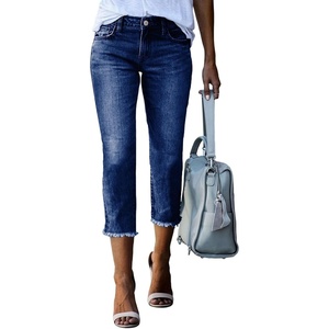 image:imageSidefeel Womens Capri Jeans High Waisted Summer Fashion Straight Leg Raw Hem Denim Capri PantsBlue