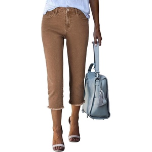 image:imageSidefeel Womens Capri Jeans High Waisted Summer Fashion Straight Leg Raw Hem Denim Capri PantsBrown