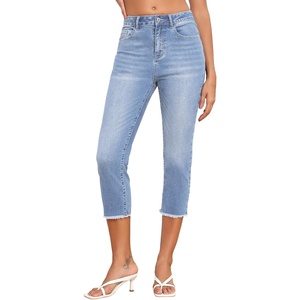 image:imageSidefeel Womens Capri Jeans High Waisted Summer Fashion Straight Leg Raw Hem Denim Capri PantsD Sky Blue