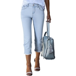 image:imageSidefeel Womens Capri Jeans High Waisted Summer Fashion Straight Leg Raw Hem Denim Capri PantsE Sky Blue