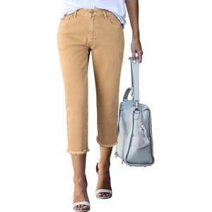 image:imageSidefeel Womens Capri Jeans High Waisted Summer Fashion Straight Leg Raw Hem Denim Capri PantsKhaki