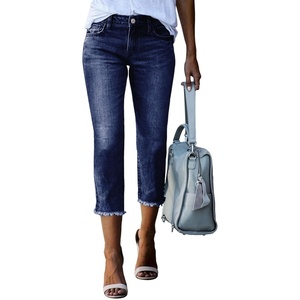 image:imageSidefeel Womens Capri Jeans High Waisted Summer Fashion Straight Leg Raw Hem Denim Capri PantsMedium Blue