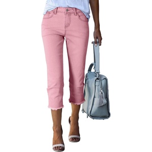 image:imageSidefeel Womens Capri Jeans High Waisted Summer Fashion Straight Leg Raw Hem Denim Capri PantsPink