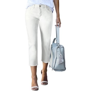 image:imageSidefeel Womens Capri Jeans High Waisted Summer Fashion Straight Leg Raw Hem Denim Capri PantsWhite