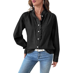 image:imageSidefeel Womens Denim Shirt Button Down Long Sleeve Ruffled Edge Jean Blouses TopsBlack