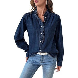 image:imageSidefeel Womens Denim Shirt Button Down Long Sleeve Ruffled Edge Jean Blouses TopsBluing