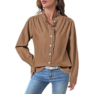 image:imageSidefeel Womens Denim Shirt Button Down Long Sleeve Ruffled Edge Jean Blouses TopsBrown