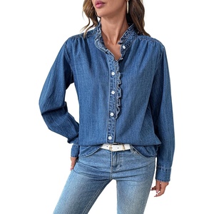 image:imageSidefeel Womens Denim Shirt Button Down Long Sleeve Ruffled Edge Jean Blouses TopsDark Blue