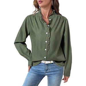 image:imageSidefeel Womens Denim Shirt Button Down Long Sleeve Ruffled Edge Jean Blouses TopsGreen