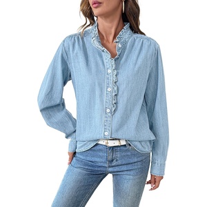 image:imageSidefeel Womens Denim Shirt Button Down Long Sleeve Ruffled Edge Jean Blouses TopsIceland Blue