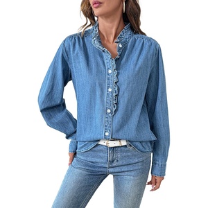 image:imageSidefeel Womens Denim Shirt Button Down Long Sleeve Ruffled Edge Jean Blouses TopsLight Blue