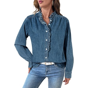 image:imageSidefeel Womens Denim Shirt Button Down Long Sleeve Ruffled Edge Jean Blouses TopsRetro Blue