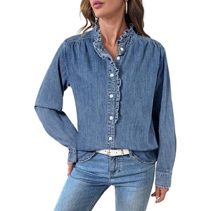 image:imageSidefeel Womens Denim Shirt Button Down Long Sleeve Ruffled Edge Jean Blouses TopsWashing Blue