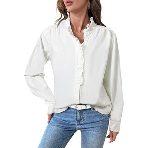 image:imageSidefeel Womens Denim Shirt Button Down Long Sleeve Ruffled Edge Jean Blouses TopsWhite