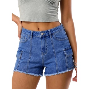 image:imageSidefeel Womens Jean Cargo Shorts High Waisted Stretchy Trendy Raw Hem Denim Shorts with PocketsBlue