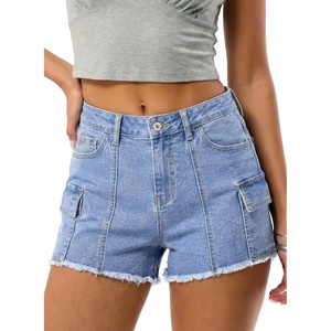 image:imageSidefeel Womens Jean Cargo Shorts High Waisted Stretchy Trendy Raw Hem Denim Shorts with PocketsLight Blue