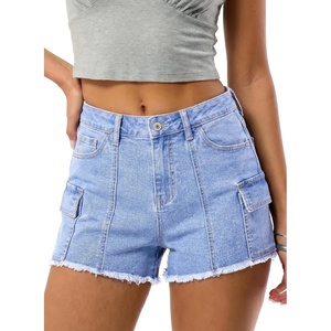 image:imageSidefeel Womens Jean Cargo Shorts High Waisted Stretchy Trendy Raw Hem Denim Shorts with PocketsSky Blue