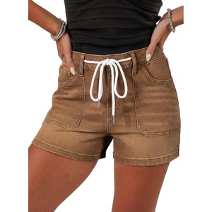image:imageSidefeel Womens Jean Shorts High Waisted Stretchy Casual Drawstring Denim Shorts with PocketsBrown