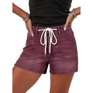 image:imageSidefeel Womens Jean Shorts High Waisted Stretchy Casual Drawstring Denim Shorts with PocketsBurgundy