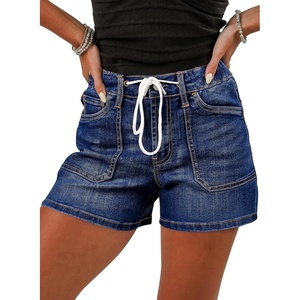 image:imageSidefeel Womens Jean Shorts High Waisted Stretchy Casual Drawstring Denim Shorts with PocketsDeep Blue