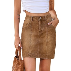 image:imageSidefeel Womens Jean Skirt High Waisted Stretch Casual Trendy Front Seam Mini Denim Skirt with PocketsBrown