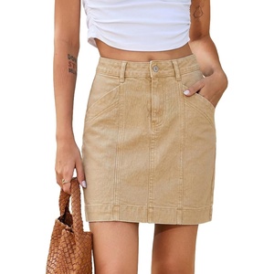 image:imageSidefeel Womens Jean Skirt High Waisted Stretch Casual Trendy Front Seam Mini Denim Skirt with PocketsKhaki