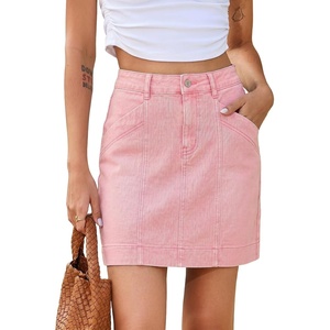 image:imageSidefeel Womens Jean Skirt High Waisted Stretch Casual Trendy Front Seam Mini Denim Skirt with PocketsPink