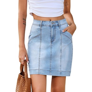 image:imageSidefeel Womens Jean Skirt High Waisted Stretch Casual Trendy Front Seam Mini Denim Skirt with PocketsSky Blue