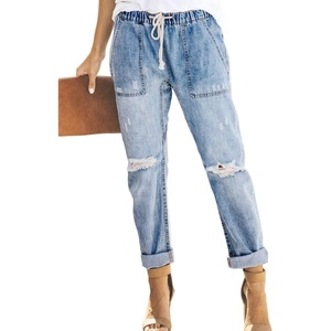 image:imageSidefeel Womens Jeans Ripped Joggers Elastic Drawstring Waist Cargo Denim Pants Size 4 Light Blue