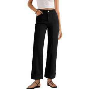 image:imageSidefeel Womens Wide Leg Cuffed Jeans High Waisted Baggy Stretchy Denim Pants with PocketsBlack