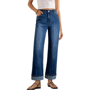image:imageSidefeel Womens Wide Leg Cuffed Jeans High Waisted Baggy Stretchy Denim Pants with PocketsBlue