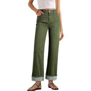 image:imageSidefeel Womens Wide Leg Cuffed Jeans High Waisted Baggy Stretchy Denim Pants with PocketsGreen