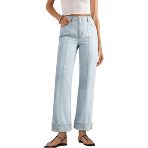 image:imageSidefeel Womens Wide Leg Cuffed Jeans High Waisted Baggy Stretchy Denim Pants with PocketsIceland Blue