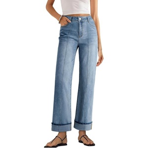 image:imageSidefeel Womens Wide Leg Cuffed Jeans High Waisted Baggy Stretchy Denim Pants with PocketsLight Blue