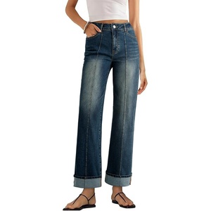 image:imageSidefeel Womens Wide Leg Cuffed Jeans High Waisted Baggy Stretchy Denim Pants with PocketsReal Teal
