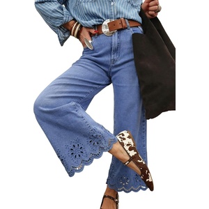 image:imageSidefeel Womens Wide Leg Embroidered Jeans High Waisted Stretchy Straight Leg Loose Fit Ankle Denim PantsLight Blue