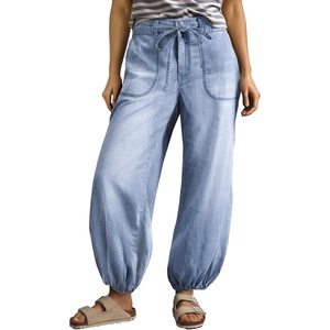 image:imageSidefeel Womens Wide Leg Jeans High Waisted Drawstring Baggy Stretchy Trendy Harem Loose Ankle Denim PantsIceland Blue