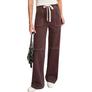image:imageSidefeel Womens Wide Leg Jeans High Waisted Elastic Stretchy Straight Leg Trendy Drawstring Baggy Pull On Denim PantsCoffee