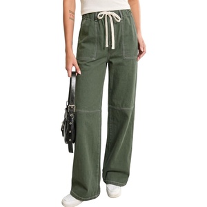 image:imageSidefeel Womens Wide Leg Jeans High Waisted Elastic Stretchy Straight Leg Trendy Drawstring Baggy Pull On Denim PantsGreen